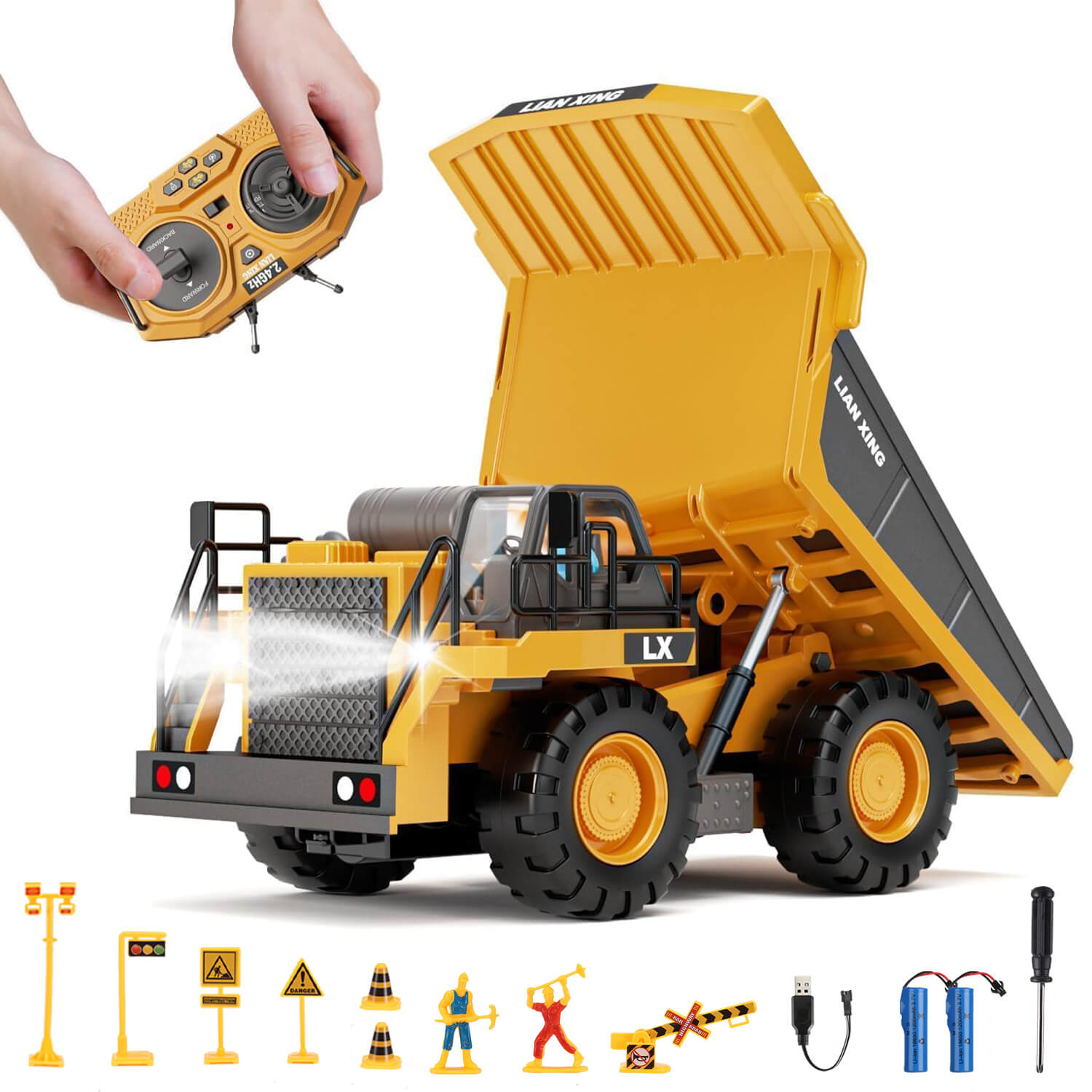 Gleamkid 9 channel remote control dump truck with accessories like traffic signs, workers, and batteries. 