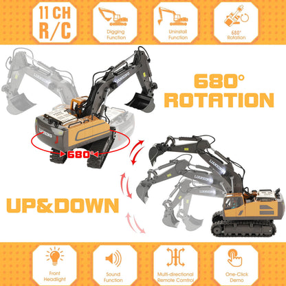 gleamkid 11 channel remote control excavator with 680° rotation feature. 