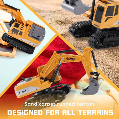 Gleamkid 6 channel remote control excavator designed for all terrains, including sand, carpet, and rugged surfaces.