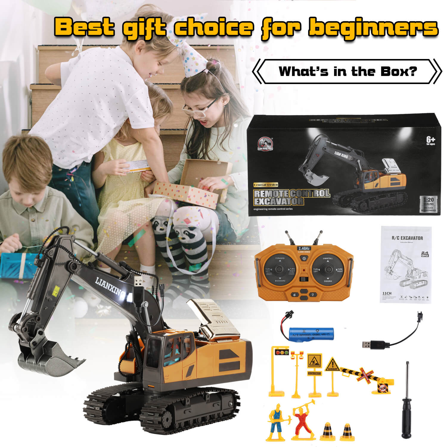 gleamkid remote control excavator  is a best gift choice for beginners. Box content includes excavator, remote, battery, and accessories.