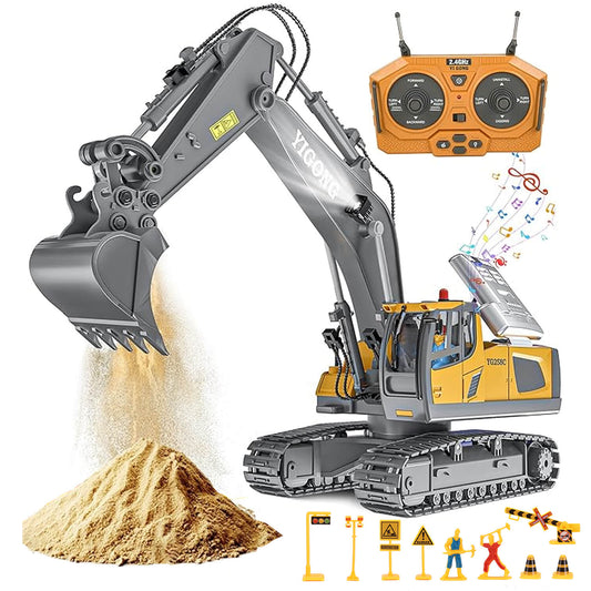 gleamkid remote control excavator in action, showing digging function with sound effects.