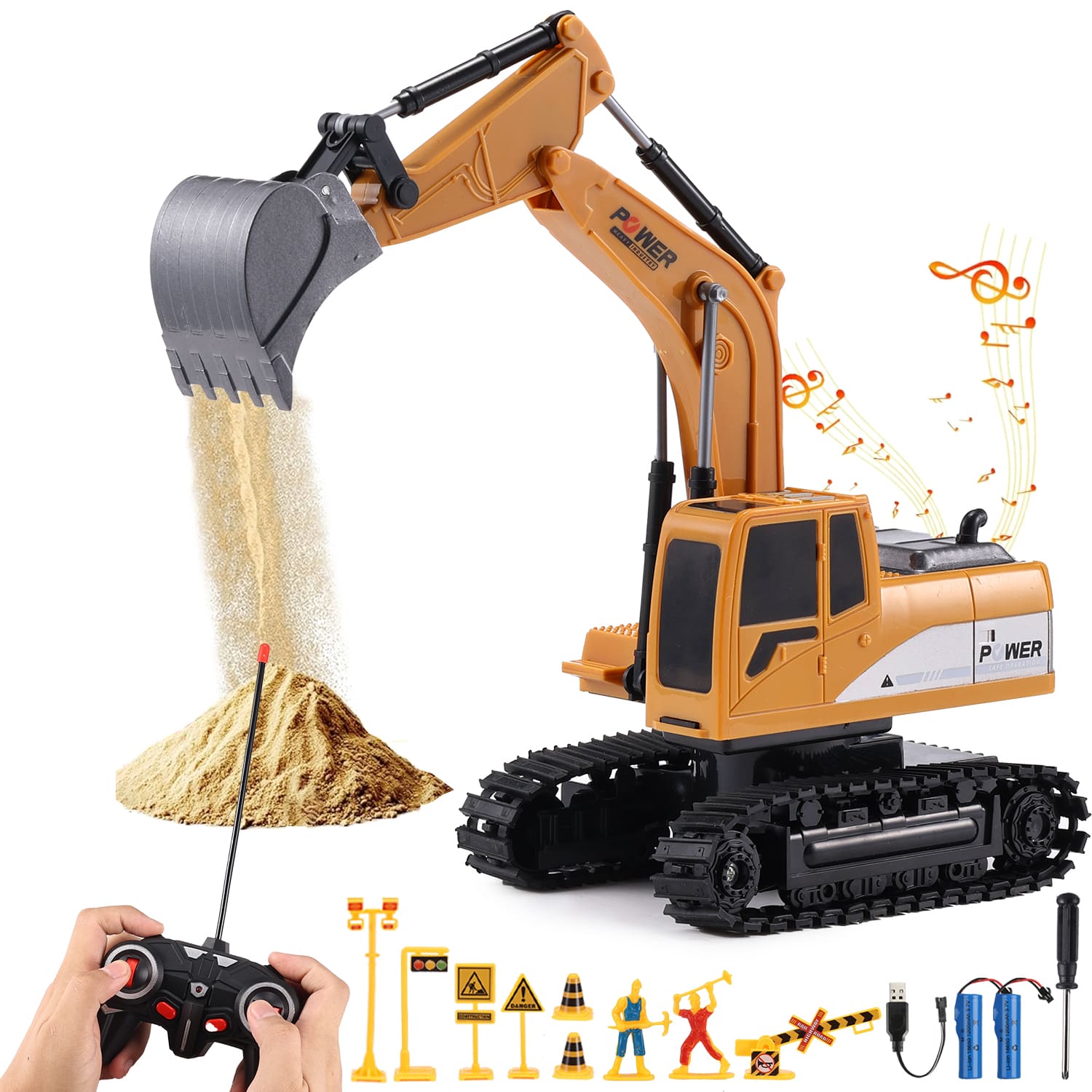 Gleamkid 6 channel remote control excavator in action, showing digging function with sound effects and included accessories.