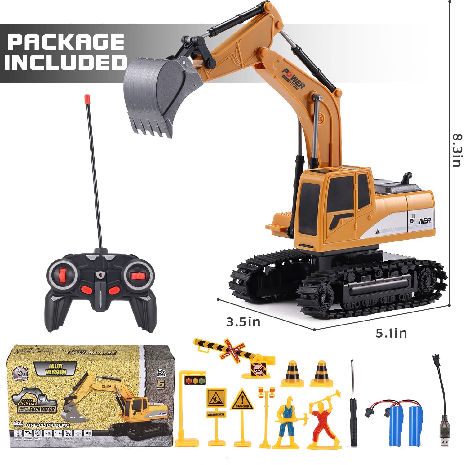 Gleamkid remote control excavator package contents, including excavator, remote, accessories, and dimensions.
