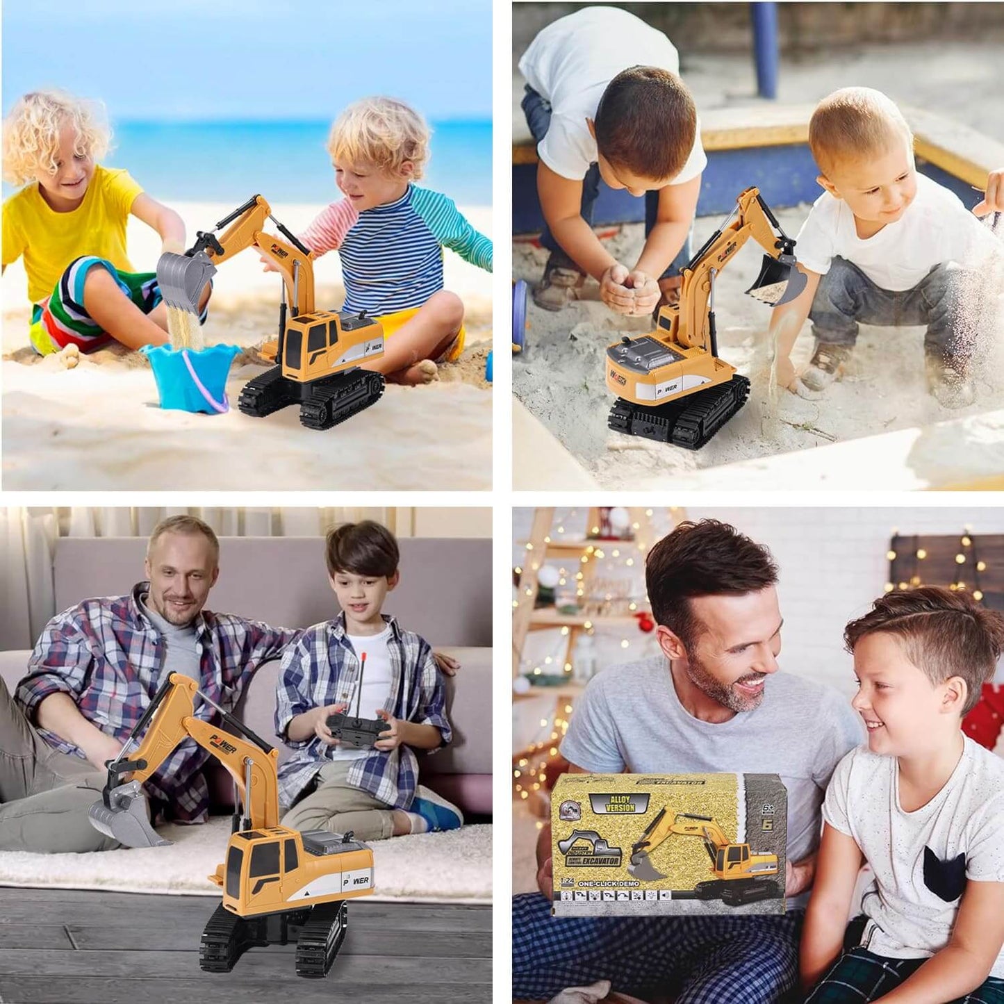 Gleamkid remote control excavator in various play scenes, highlighting its appeal for kids and parent - child activities.