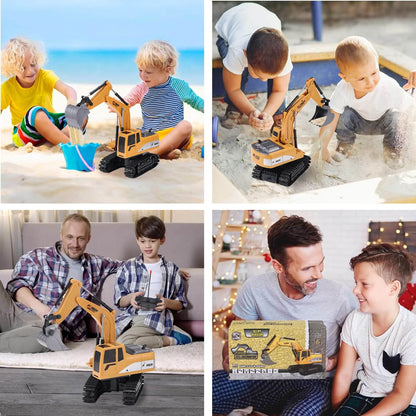 Gleamkid remote control excavator in various play scenes, highlighting its appeal for kids and parent - child activities.