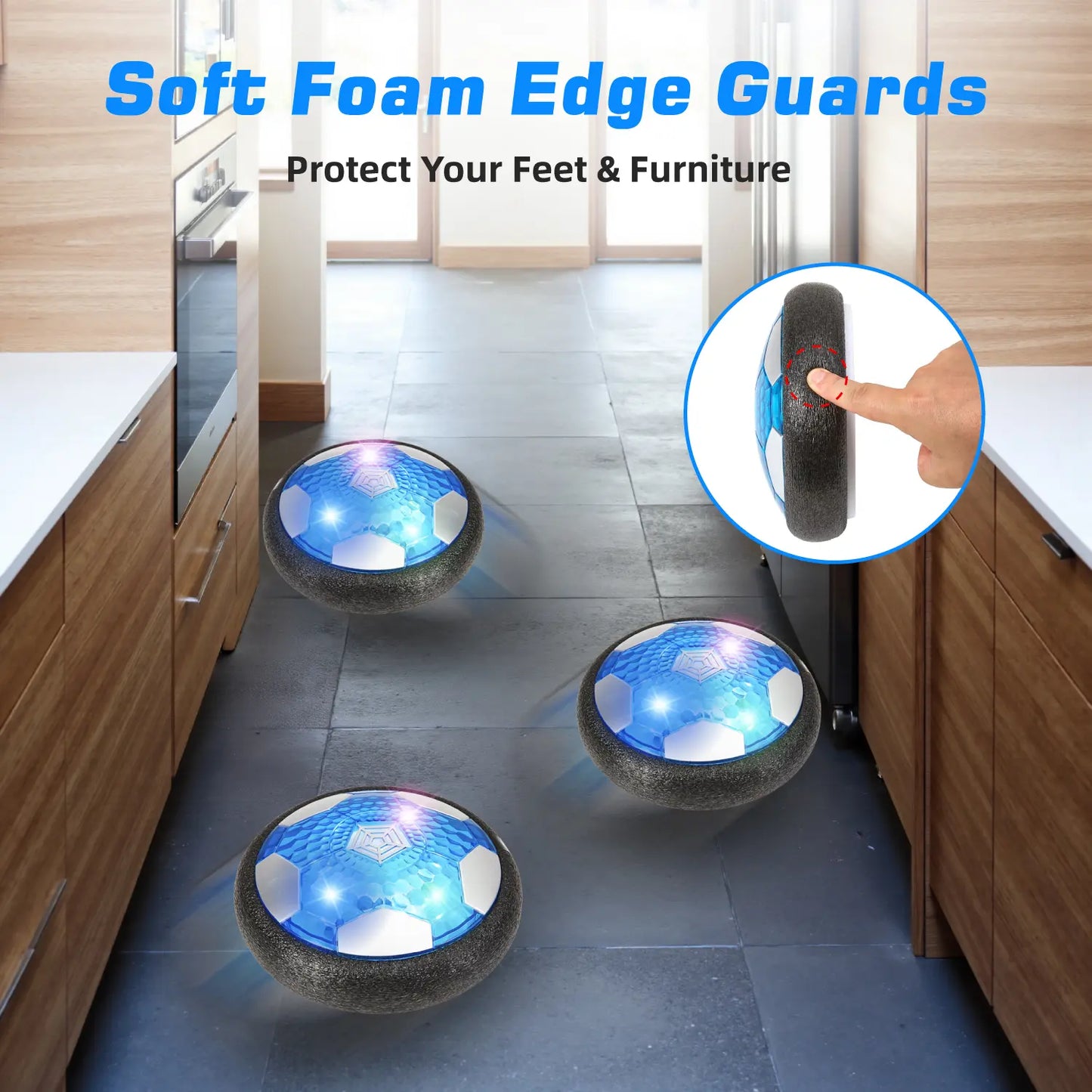 Soft foam edge guard on hover soccer ball toy protects kids' feet and indoor furniture from scratches.
