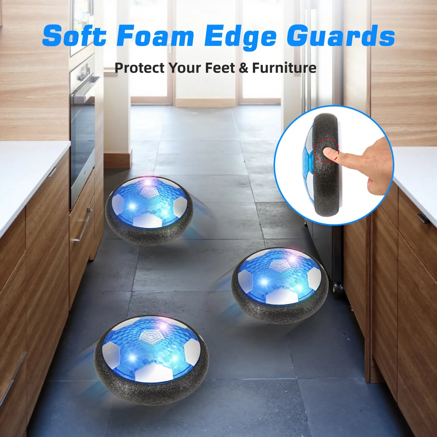 Soft foam edge guard on hover soccer ball toy protects kids' feet and indoor furniture from scratches.