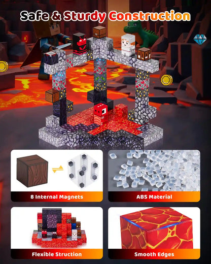 Detail view of safe magnetic cubes featuring 8 internal magnets, ABS material, and smooth sealed edges.