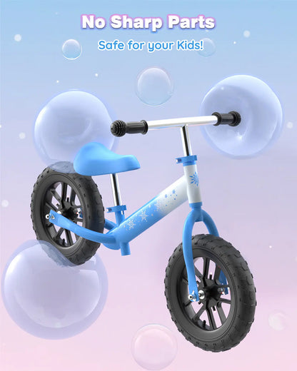 A product image of the blue balance bike surrounded by bubbles, highlighting its safe, no-sharp-parts design.