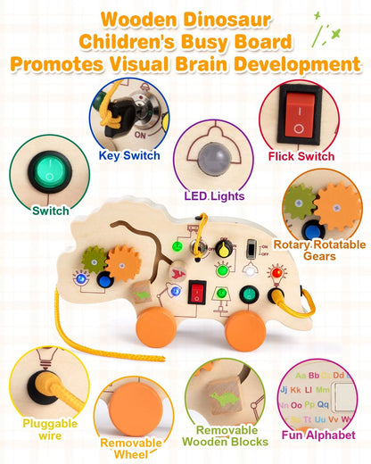 Detailed sensory features of the wooden dinosaur busy board, including various switches, LED lights, and rotatable gears.