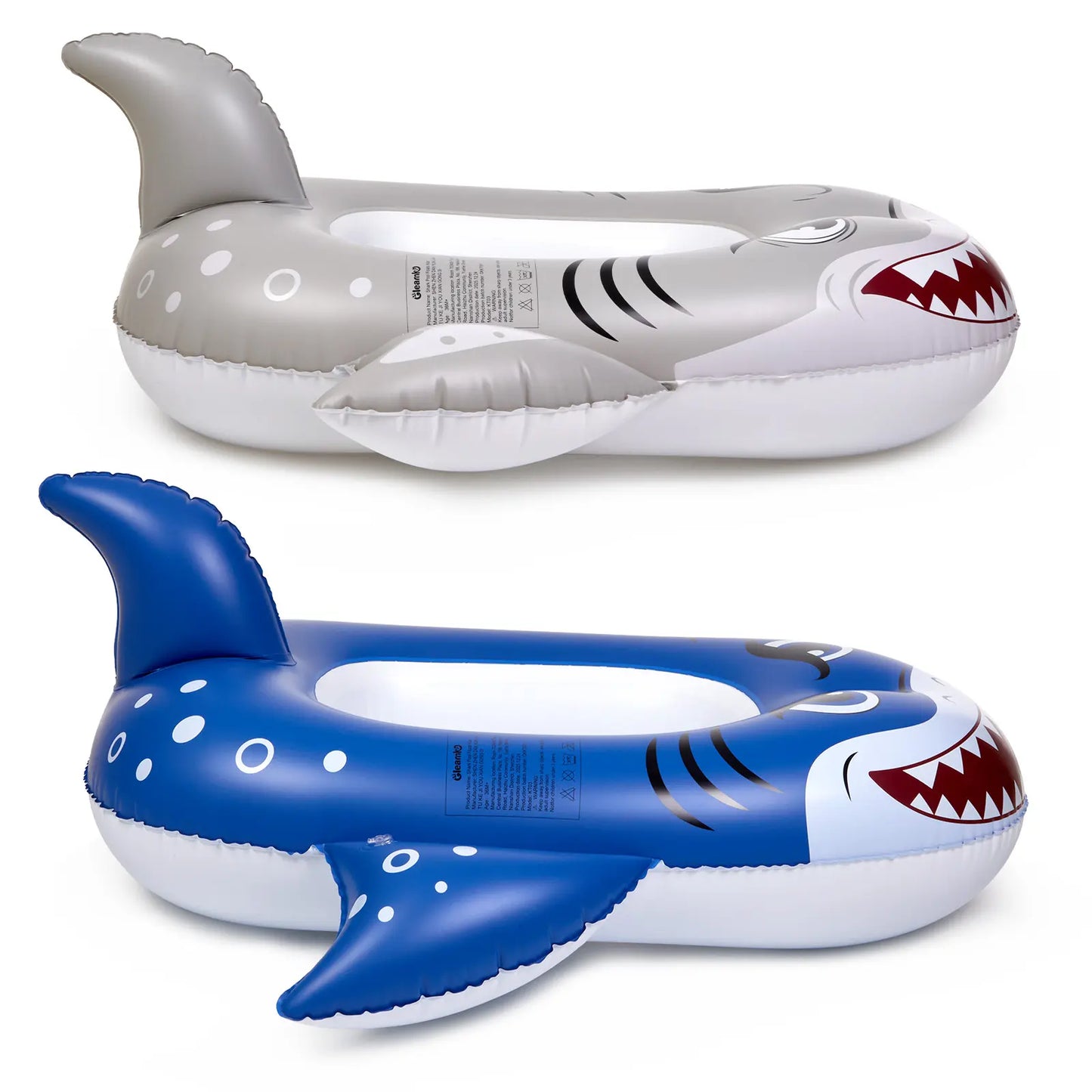 Side view of the PVC blue and silver shark pool floats for kids.