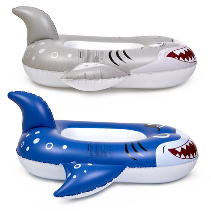 Side view of the PVC blue and silver shark pool floats for kids.