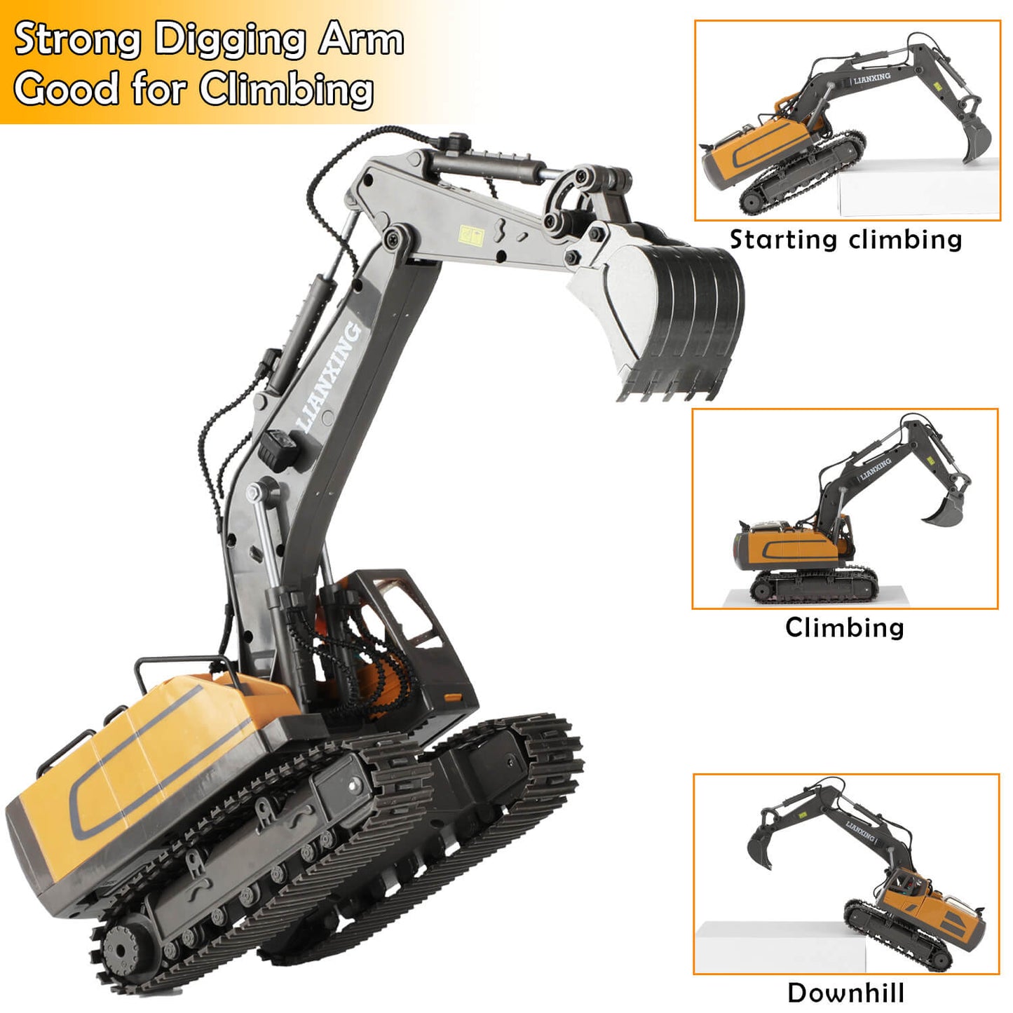 gleamkid remote control excavator with strong digging arm. Demonstrates climbing capabilities, including starting climbing, climbing, and downhill.