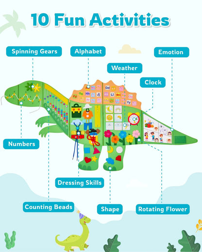 Infographic showing the 10 fun activities on the dinosaur busy board, including alphabet, numbers, clock, and dressing skills.