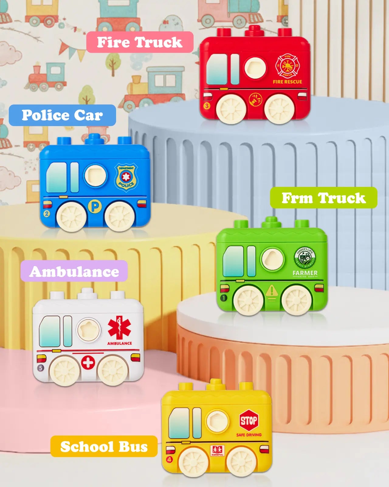 Gleamkid toy set includes fire truck, police car, school bus, ambulance, farm truck—teaching kids about real-world vehicles through play.