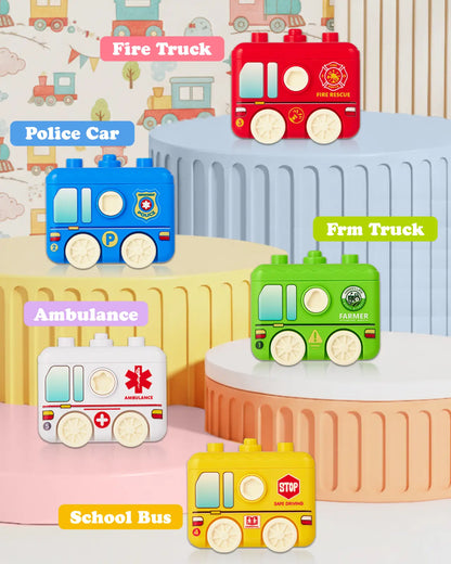 Gleamkid toy set includes fire truck, police car, school bus, ambulance, farm truck—teaching kids about real-world vehicles through play.
