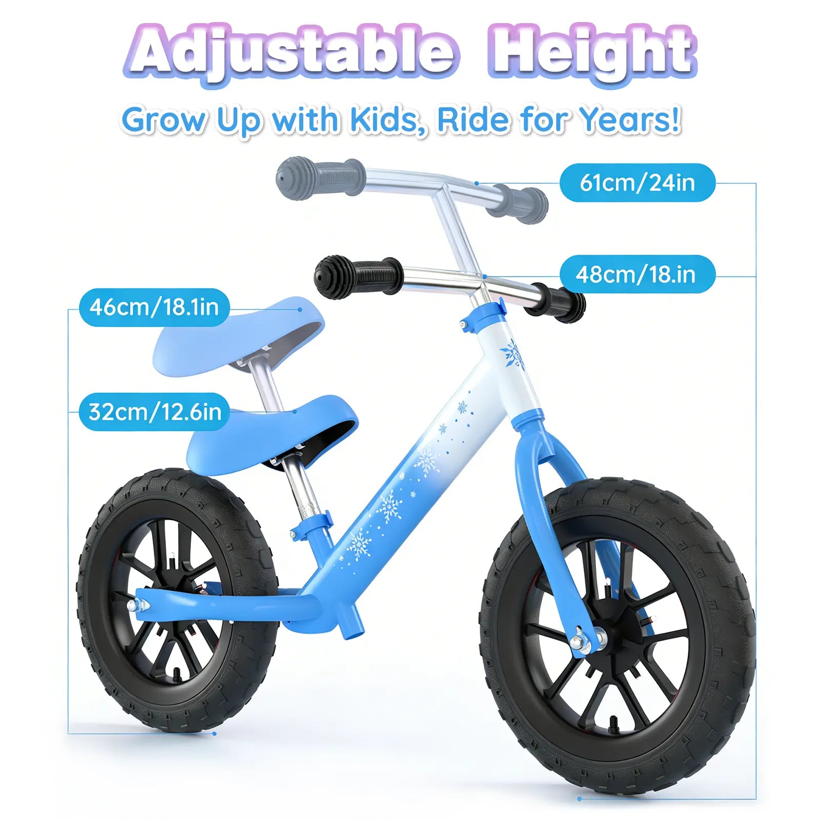 Toddler balance bike adjustable height display (seat/handlebar), fits growing kids 2-5 years old.