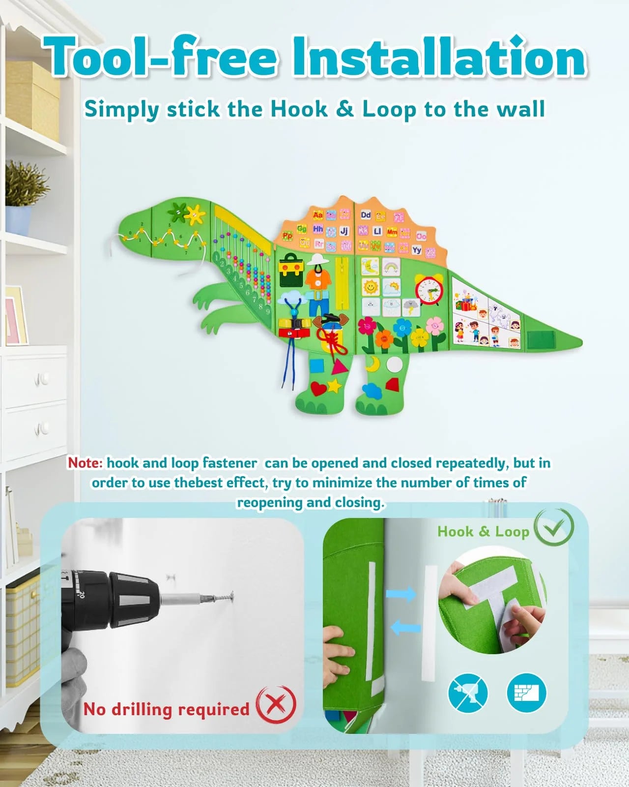 Demonstration of the tool free installation for the sensory wall panel using a simple hook and loop fastener system.