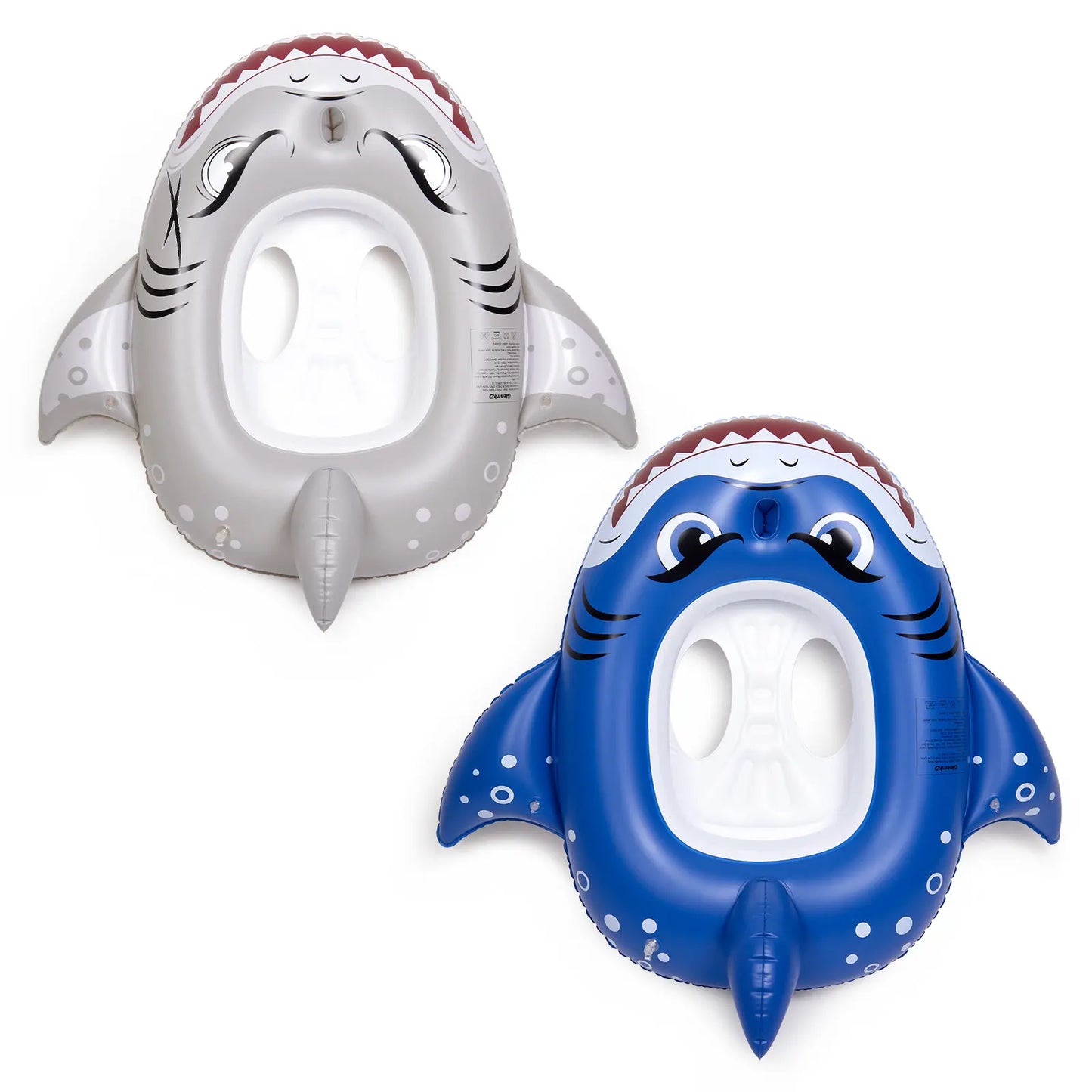 Top view of the silver and blue shark pool float safety seats for boys.