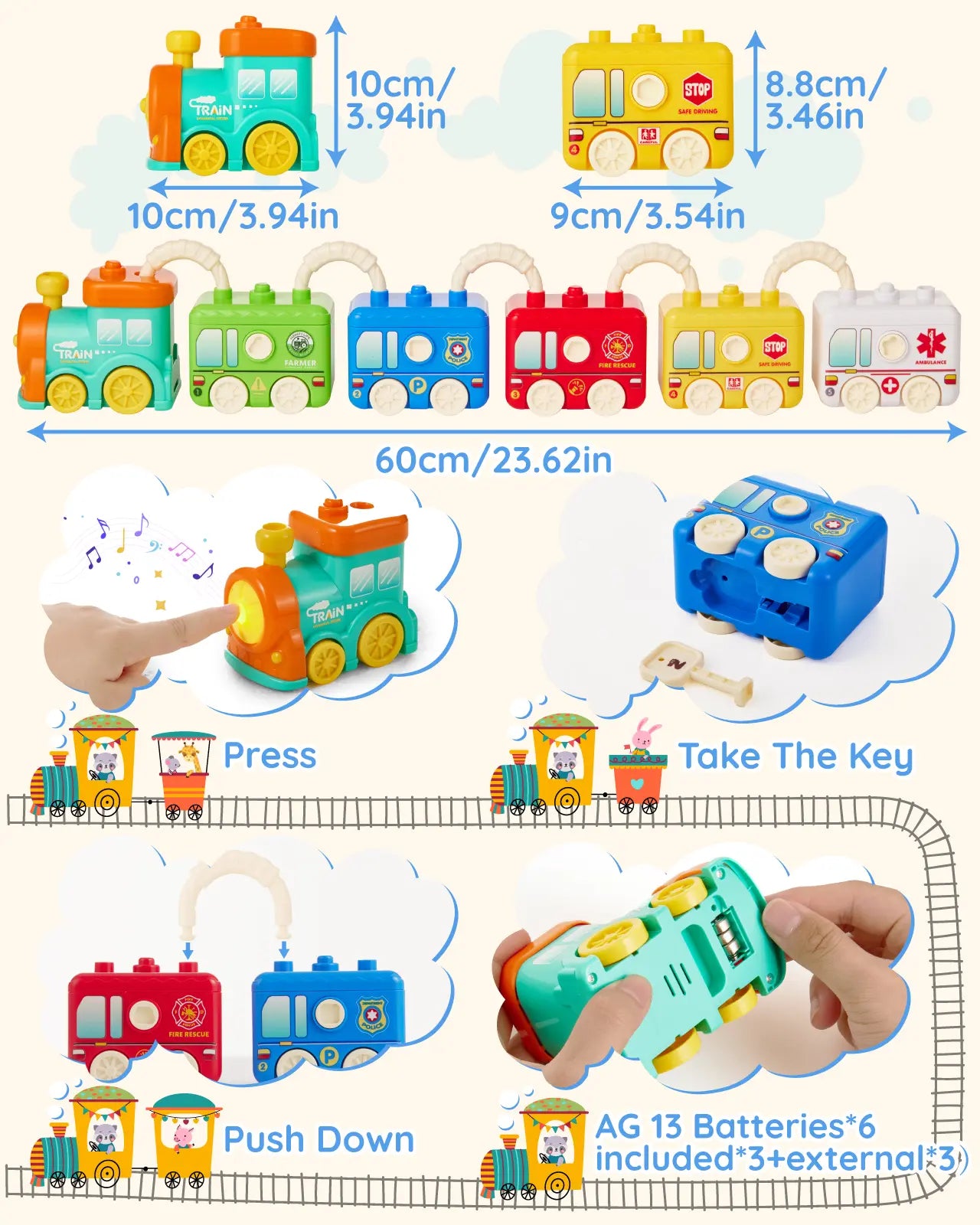 Shows size of Montessori train set, light/music activation, key use, and battery info.