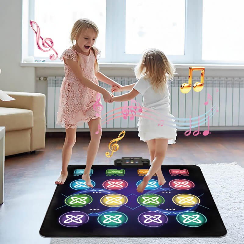 Two girls in 2-player mode on the kids dance mat, which helps promote fitness and improve coordination.