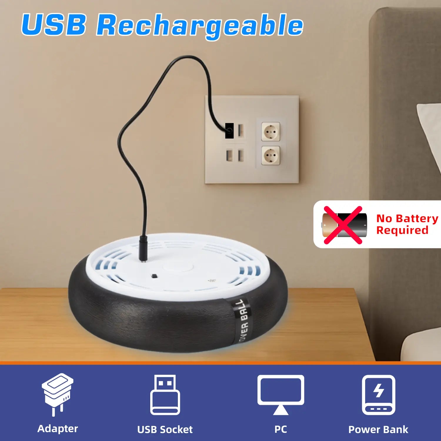 USB rechargeable hover soccer ball charging at a wall outlet. No batteries required for this indoor toy.