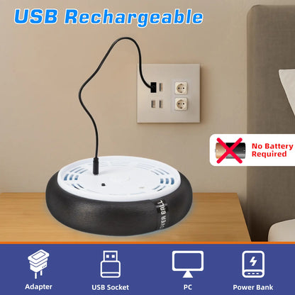 USB rechargeable hover soccer ball charging at a wall outlet. No batteries required for this indoor toy.