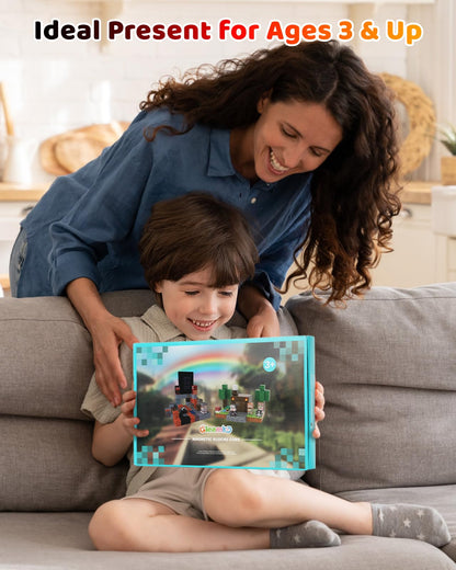 Happy boy receiving a Gleamkid volcano magnetic blocks gift box, perfect for kids ages 3 and up.
