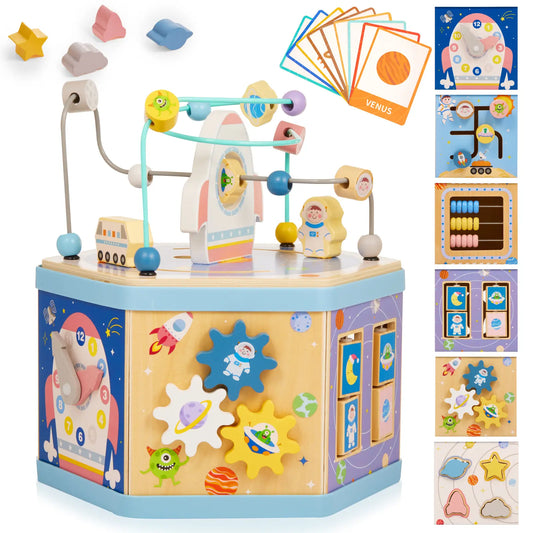 Wooden space activity cube with 9 learning features (abacus, bead maze, shape puzzle)