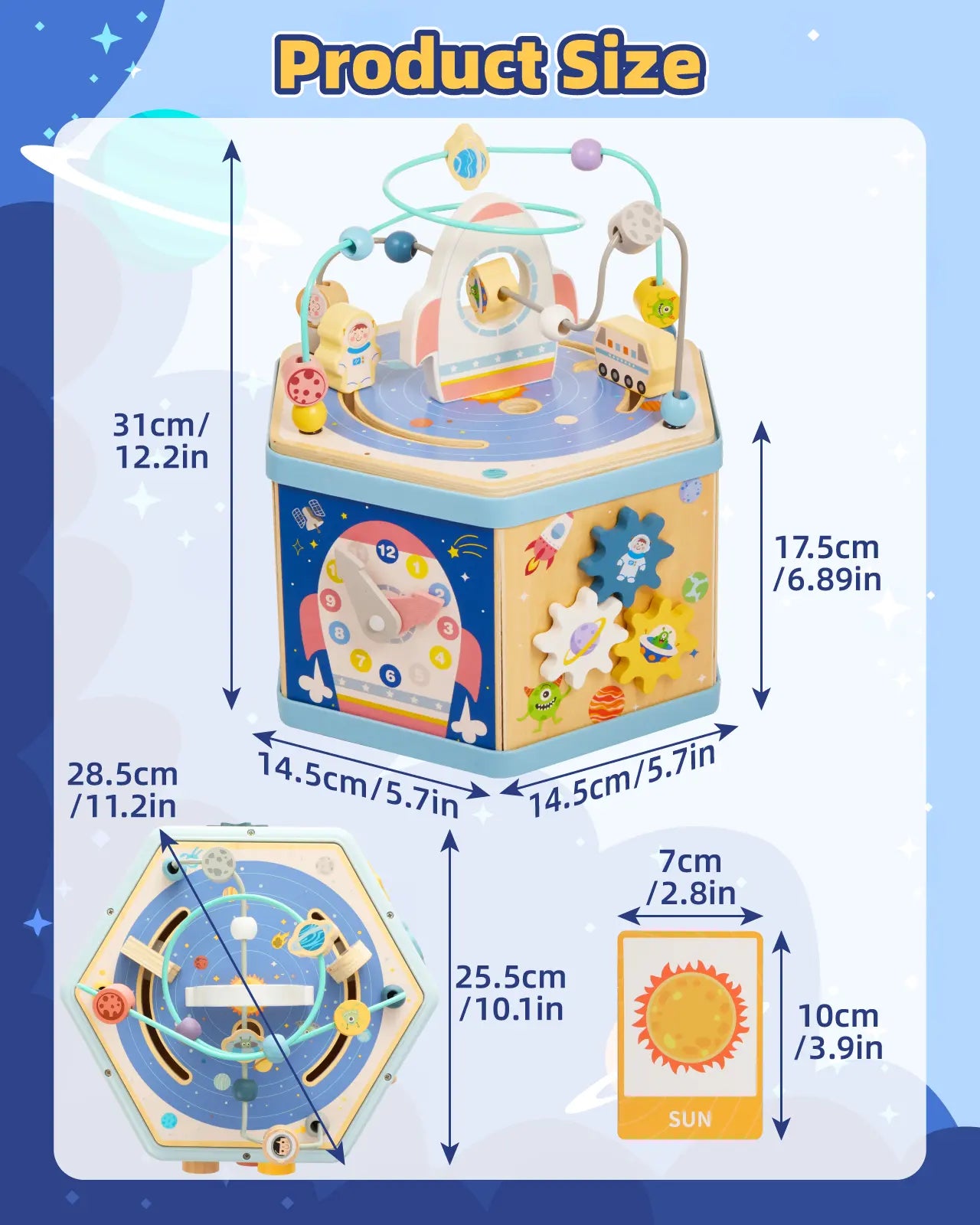 Detailed dimensions of wooden space activity cube (31cm/12.2in, 14.5cm/5.7in)