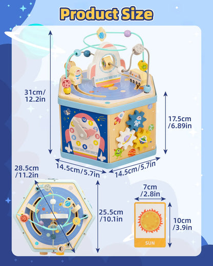 Detailed dimensions of wooden space activity cube (31cm/12.2in, 14.5cm/5.7in)