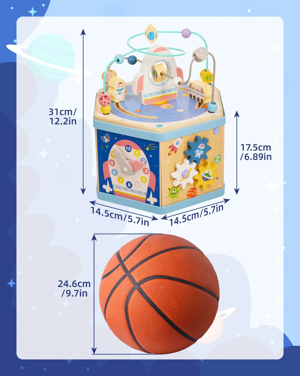 Wooden space activity cube (31cm/12.2in) size comparison with a basketball, perfectly sized for toddler hands.