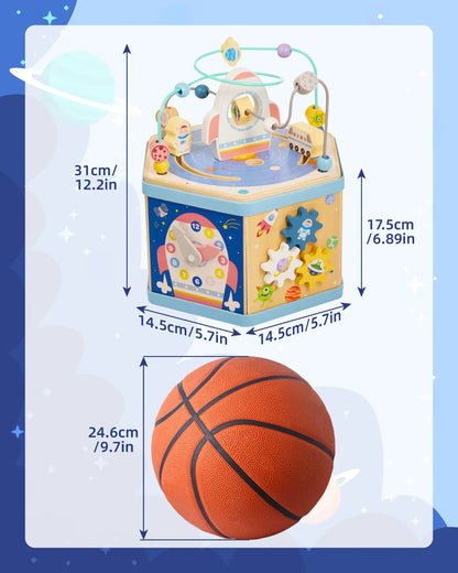 Wooden space activity cube (31cm/12.2in) size comparison with a basketball, perfectly sized for toddler hands.