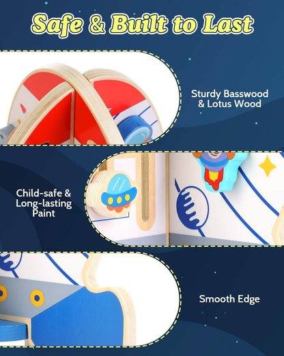 Wooden toys made with sturdy basswood, lotus wood, child safe paint, and smooth edges. Built to last
