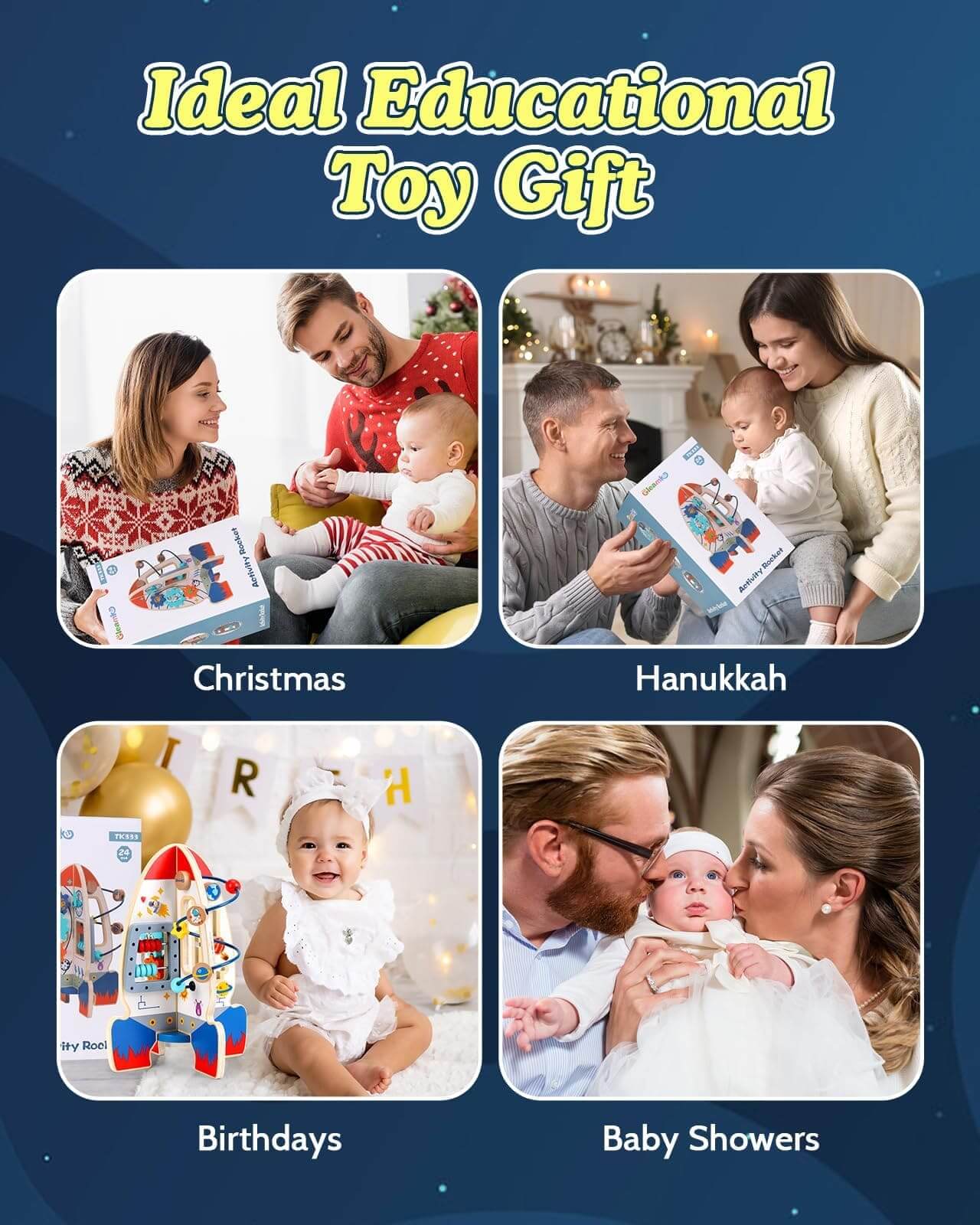 Wooden rocket educational toys as ideal gifts for Christmas, Hanukkah, birthdays, and baby showers. 