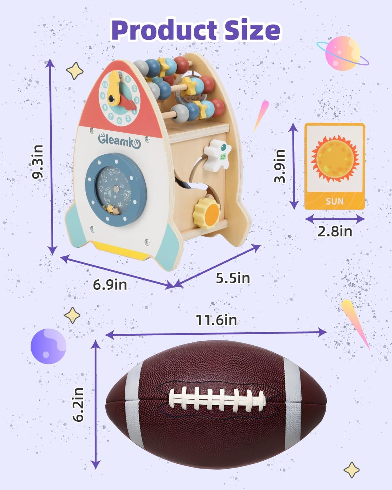Size comparison of Wooden Rocket Montessori Toys with football, showing dimensions for 1 3 year old use.