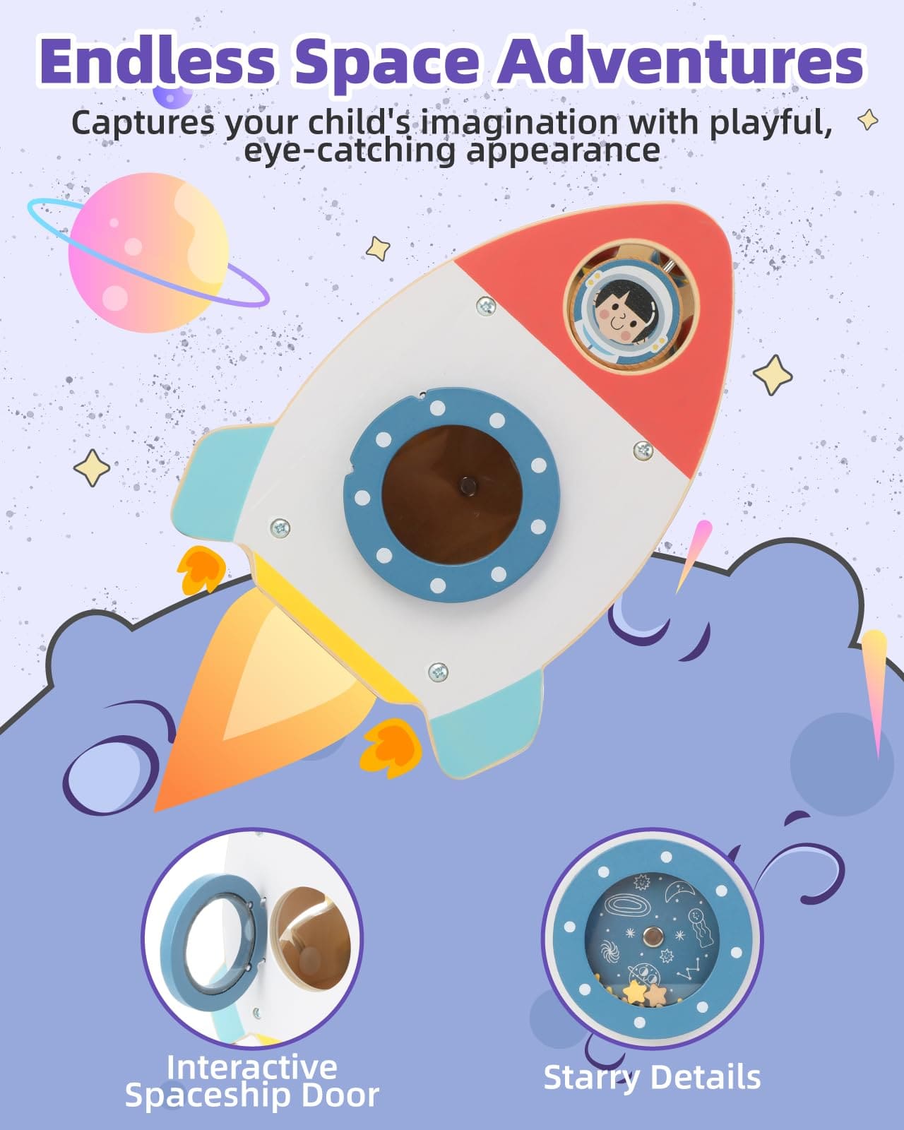 Wooden Rocket Montessori Toys with space adventure design, interactive spaceship door, and starry details.